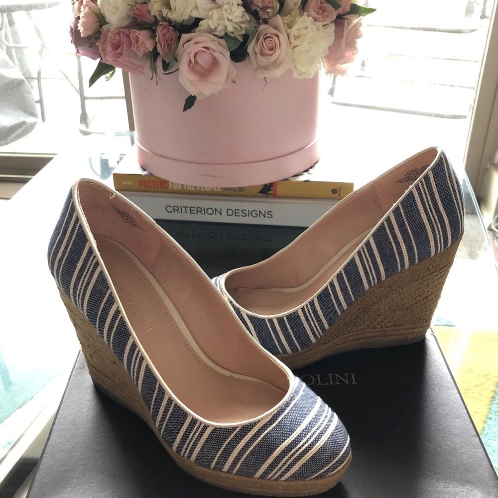 Enzo Angiolini Navy & White Stripe Nautical Wedges